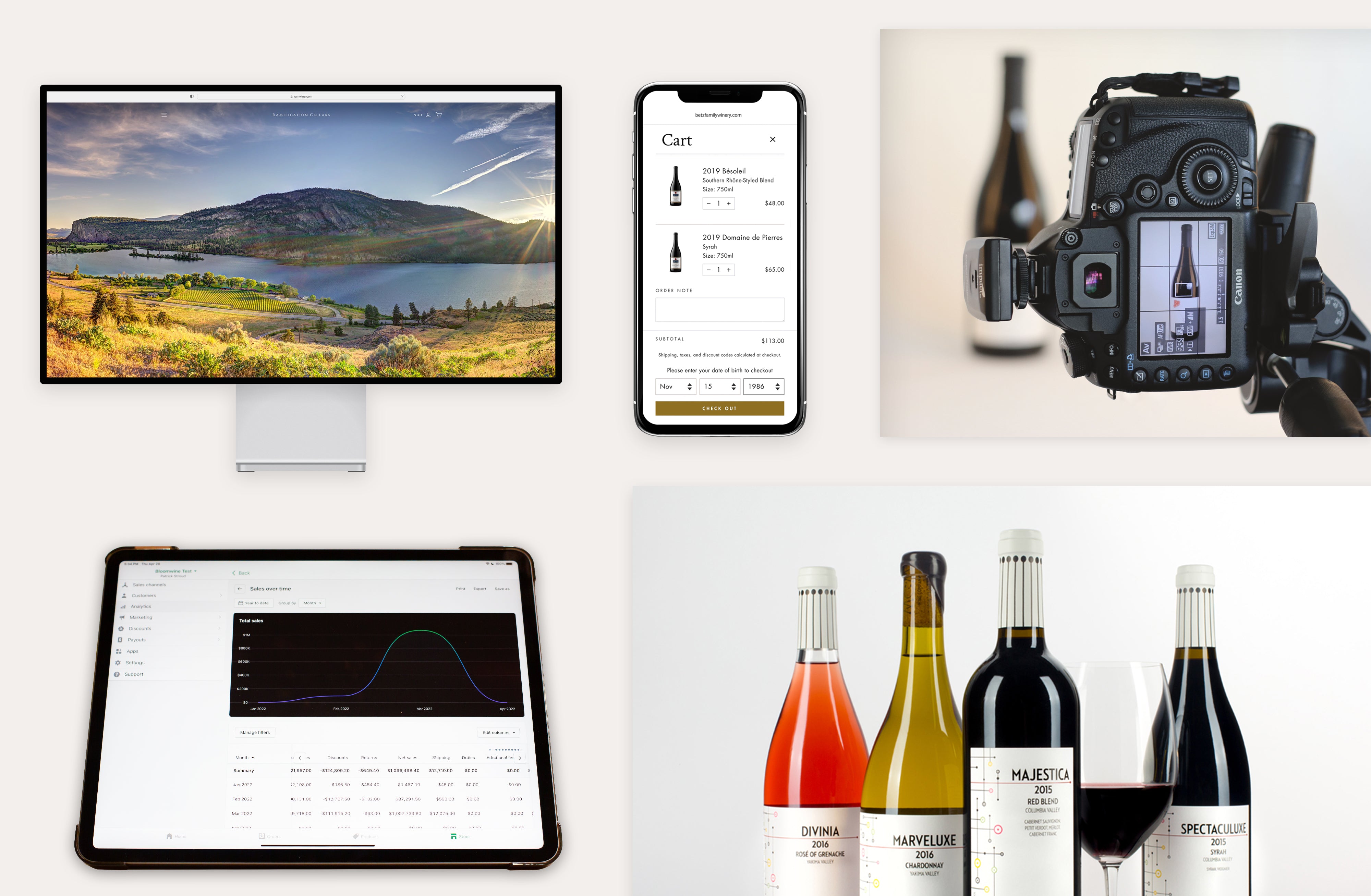 Masonry of monitor, tablet, phone, camera, and wine bottles