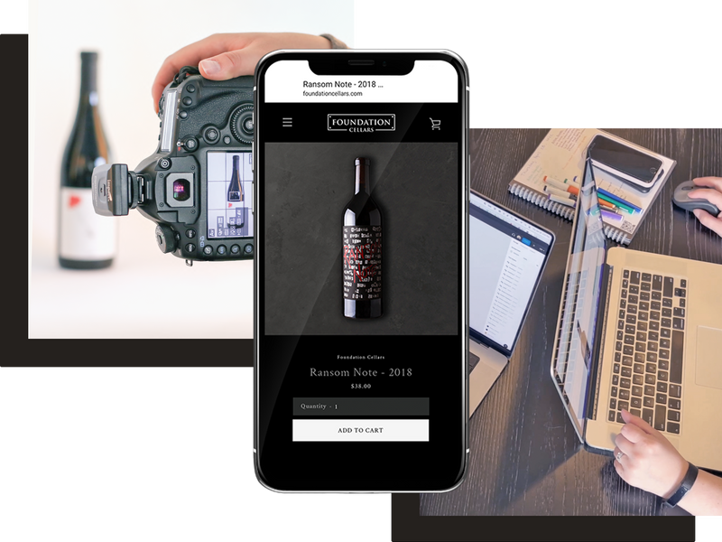 Phone displaying a wine bottle, bottle photography, and people working on a laptop